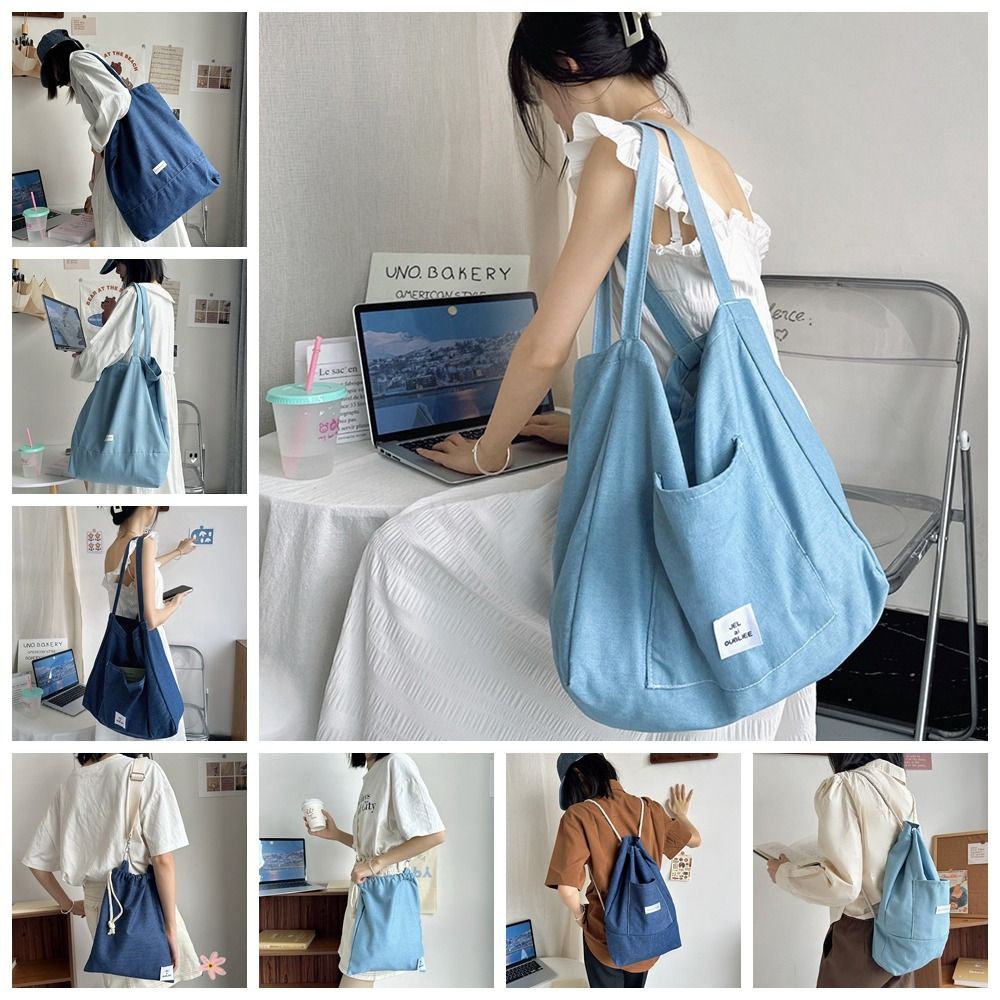 Leisure Commute Denim Cloth Bag Korean Style Letter Canvas Drawstring Shoulder Bag Fashion Large Capacity Denim Handbag Unisex