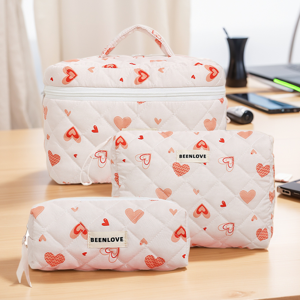 3pcs/set Quilted Cotton Storage Bag Cherry/Heart Pattern Women Aesthetic Cosmetic Clutch Bags Japanese Sweet Travel Makeup Pouch