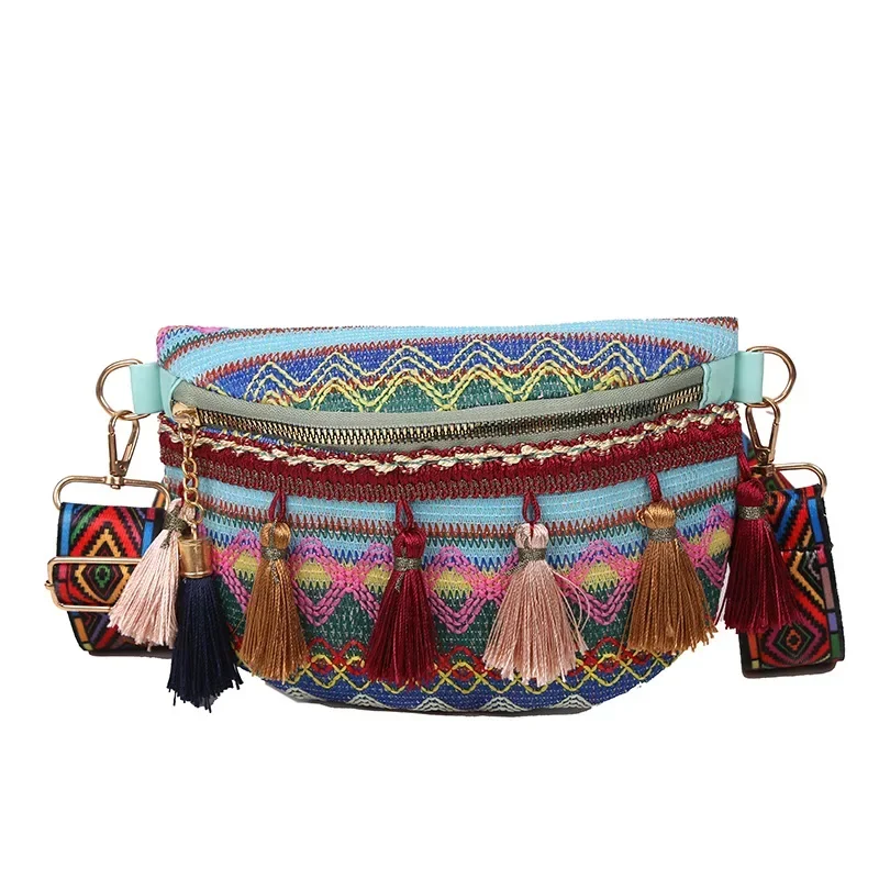 The New Bohemian Ethnic Style Wide Strap Braided All-in-one Tassel Bucket Slant Shoulder Bag for Women العاب جنسيةللازواج