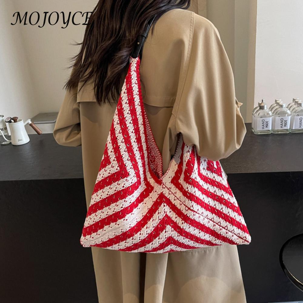 Women Knitted Tote Bag Black and White Summer Beach Bag Geometric with PU Strap Hobo Bag for Travel Vacation Holiday