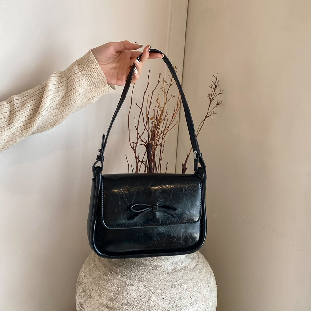 Women Retro Shoulder Bag PU Leather Bow Classic Designer Crossbody Bag Solid Color Square Underarm Bag Girls Dating Bag