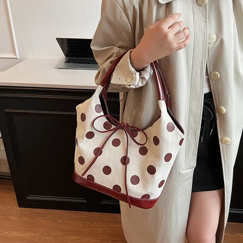 PU hasp Bucket Shoulder Bags 2024 New Sewing Thread Versatile Solid Color Fashion Soft Large Capacity bow Women's Handbags