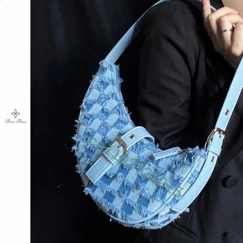 Vintage Denim Shoulder Bag Half Moon Saddle Bag Harajuku Women Underarm Bag Fashion Handbags Casual Ladies Purses Cowboy Bag