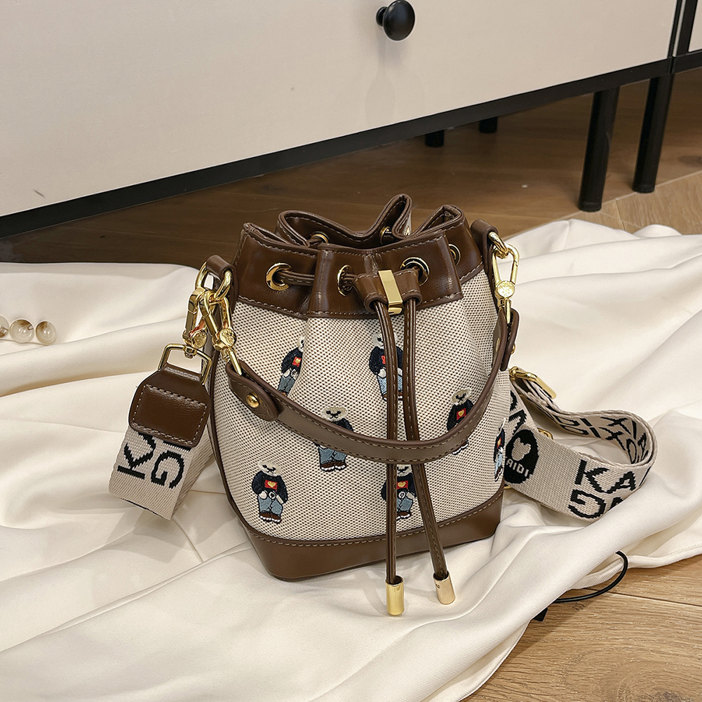 Bucket Bag for Women Drawstring Top Handle Handbag Embroidered Removable Strap Tote Handbag Commuter Travel Bag