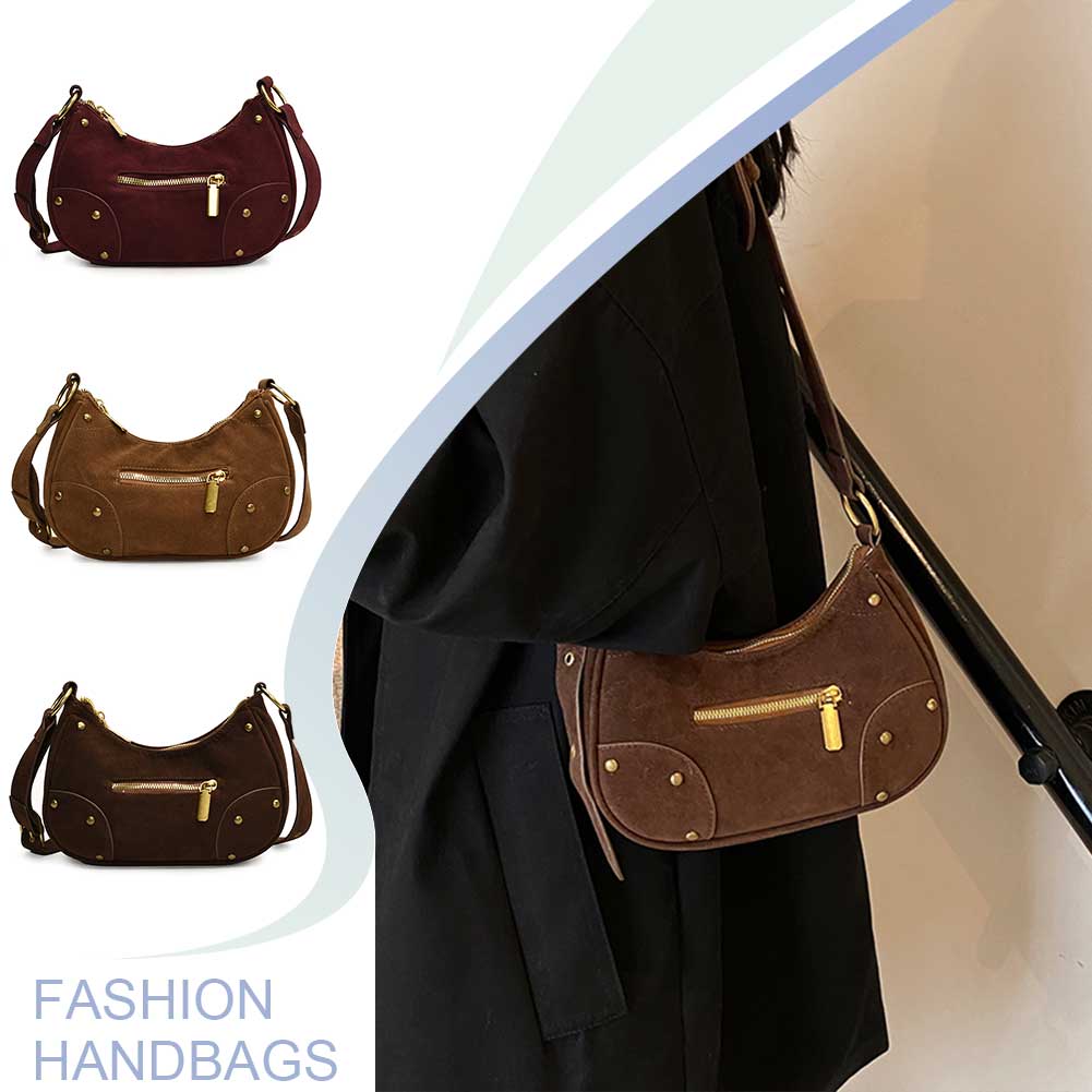 Women Frosted Dumpling Crossbody Bag Adjustable Strap Punk Rivet Sling Bag Vintage Shoulder Bag Girls Outdoor Daily Bag