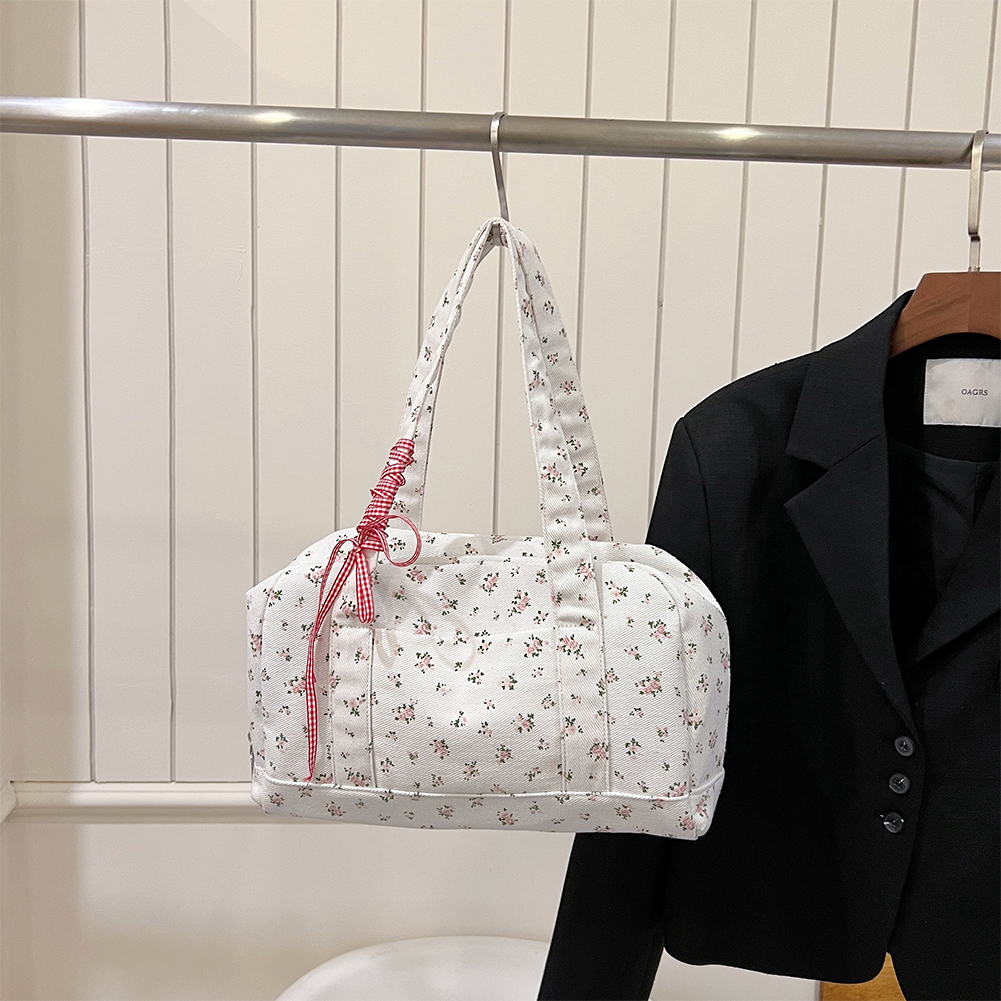 Women Floral Shoulder Bag with Multi Pocket Canvas Tote Bag Bow Tie Hobo Bag Cute Satchel Purse for Travel Work