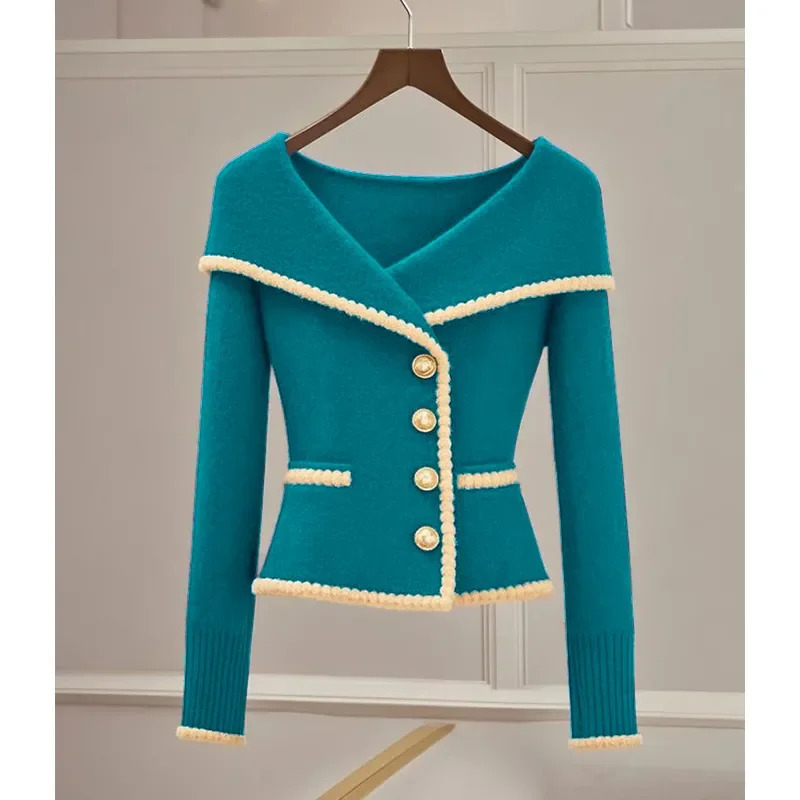 Autumn Winter Womens Sweater Knitwear Fashion Loose Casual Cardigan Button Turndown Collar Blue Outerwear Female 241108