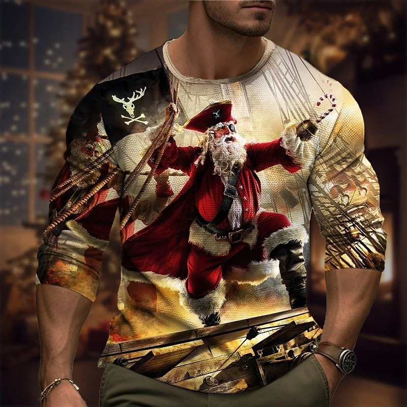 Interesting pirate Santa Claus graphic T-shirt fashion trend mens 3D printed Christmas long sleeved T-shirt personalized loose T-shirt 241108