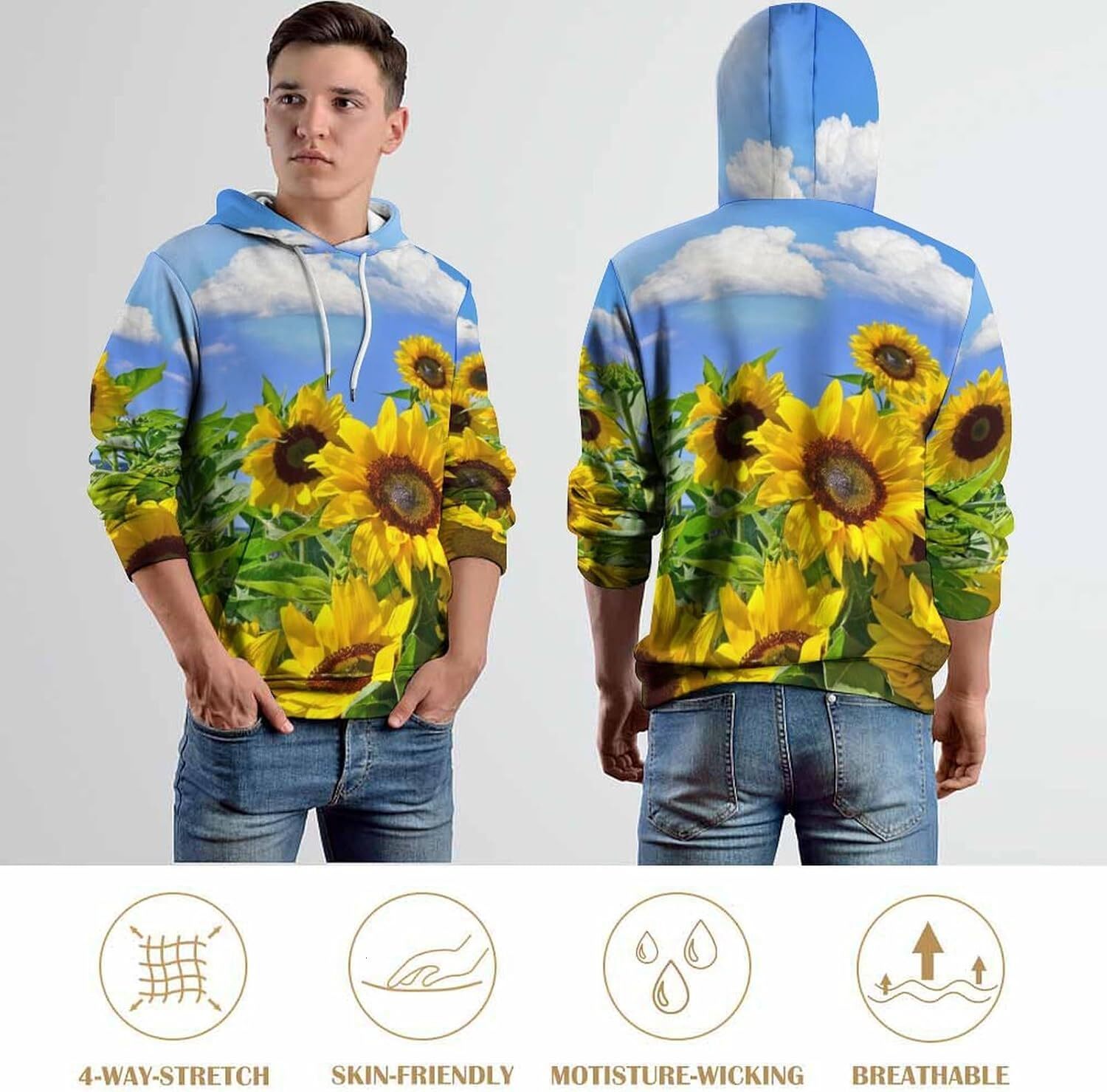 Hoodie for Mens Womens Beautiful Sunflowers Hoodies for Men 3D Print Pullover Hooded Drawstring Loose Sweatshirt with Big Pockets Graphic Trendy Sunfl