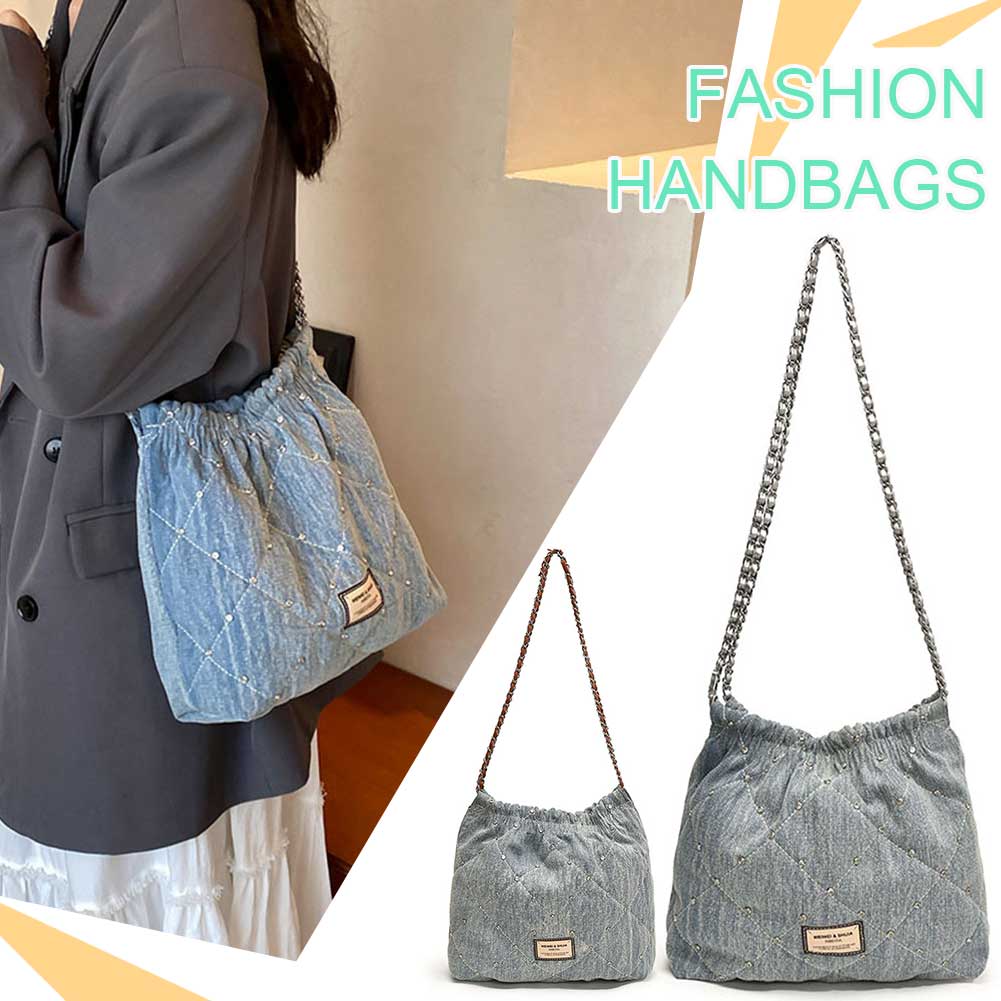 Women Rivet Shoulder Bag Large Capacity Denim Bucket Crossbody Bag Luxury Tote Bag Ladies Outdoor Bag