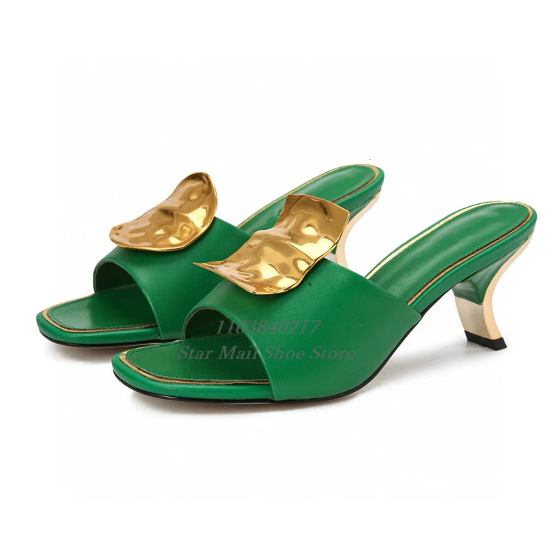 Sexy Peep Square Toe Metal Decorated Strange Style Medium Heel Slippers Novel Street Women Sgback Sandals