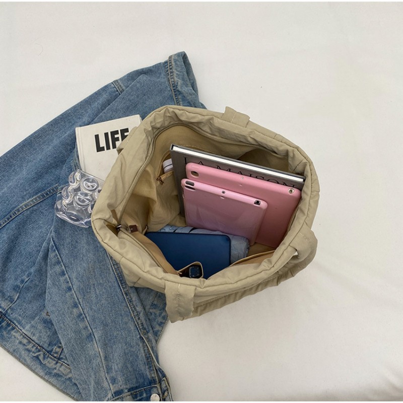 Women Soft Down Cotton Handbag Solid Color Nylon Shoulder Bag Large Capacity Fashion Laptop Handbags Simple Travel Light Totes