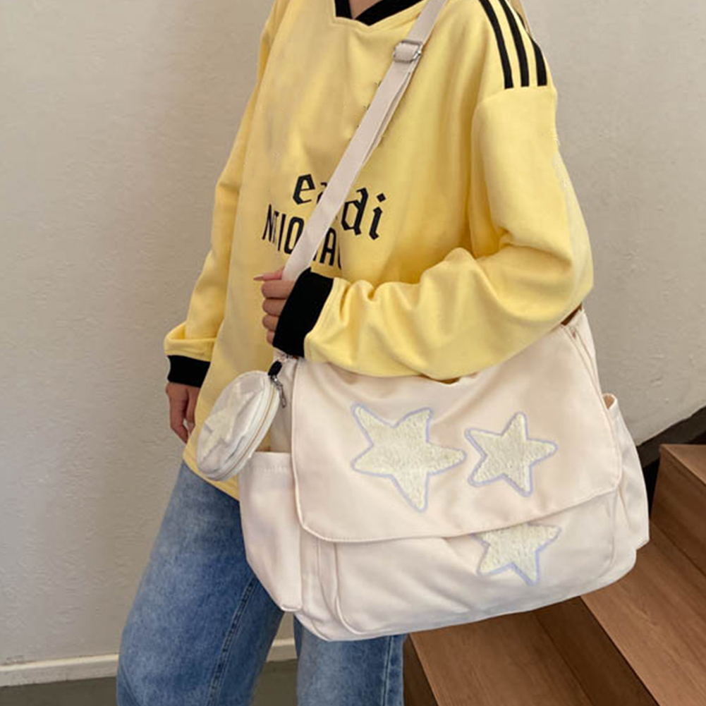 Women Cute Messenger Bag with Coin Purse Star Patches Kawaii Shoulder Bag Large Capacity Simple Crossbody Bag Girls Daily Bag