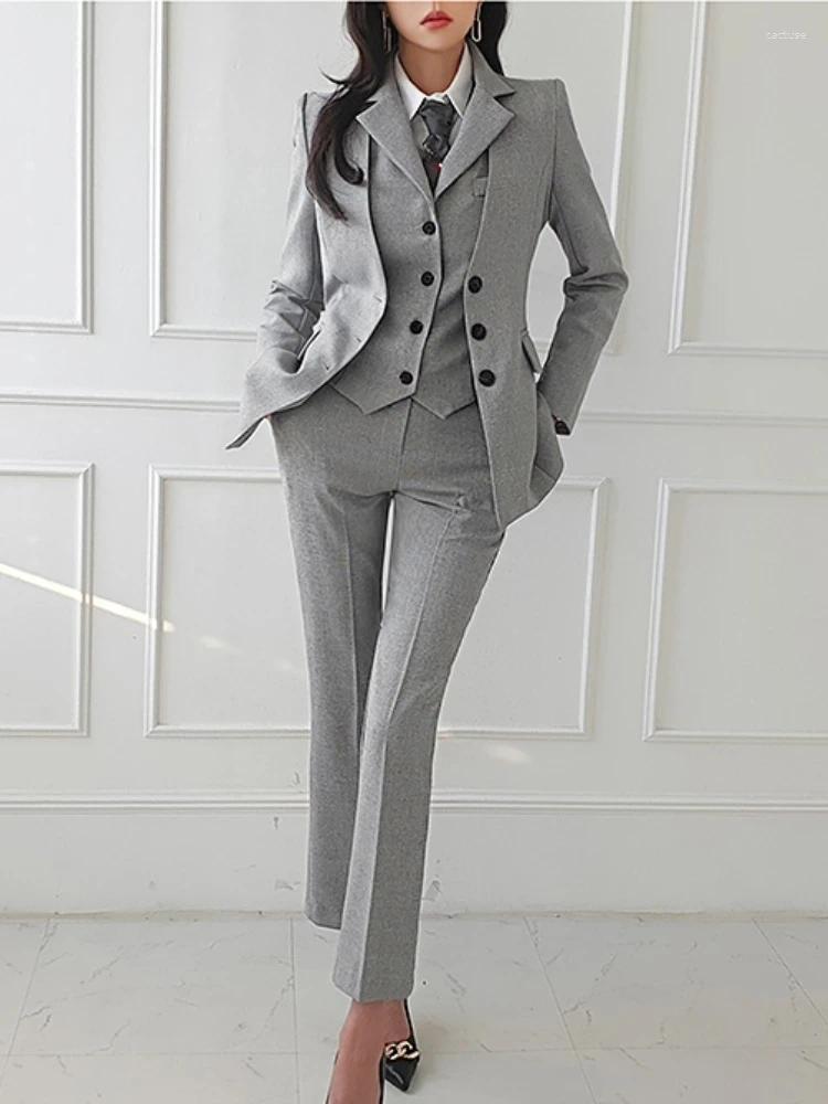 Women's Two Piece Pants Women Vintage High Quality Office Suit Ladies Work Wear OL Pantsuits Formal Female Blazer Jacket Vest Trousers 3