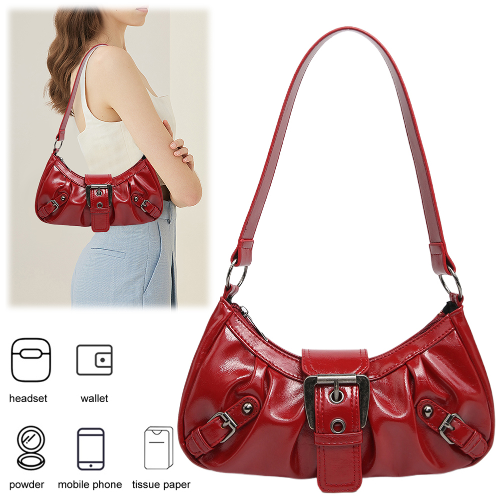 Women Shoulder Bag Y2K PU Leather Crescent Bag Pleated Underarm Purse Magnetic Closure Clutch Purse Travel Commuter Bag