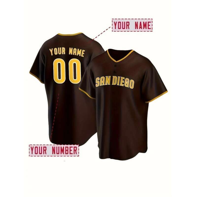 2025 Customized Name And Number Men's Embroidery Baseball Jersey San Diego Brown V-Neck Personalized Short Sleeve Button Down Shirts
