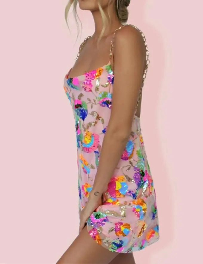 High Quality Ladies Inlaid Sequins Halter Backless Dress Sleeveless Chain Sling Dress Pink White Black Orange 240408