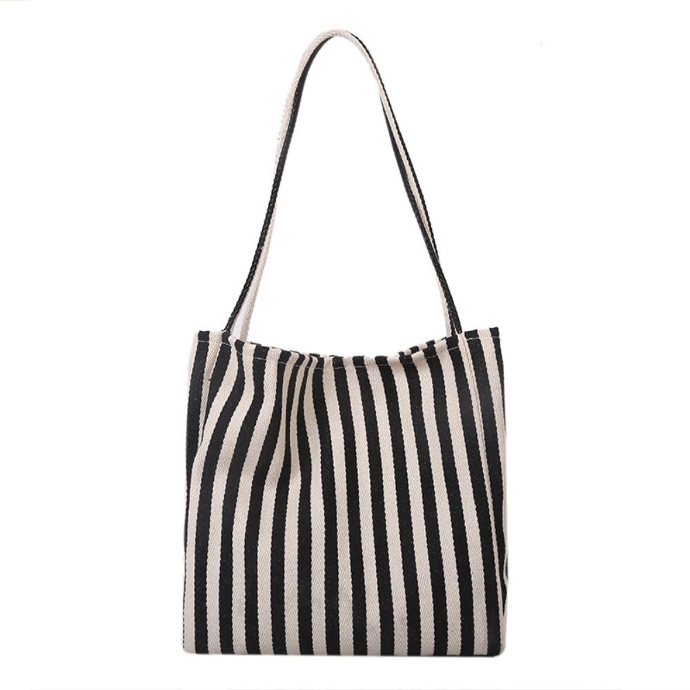 Fashion Retro Vertical Stripe Bag Tote Daily Canvas Shoulder Bag Leisure Simple Commute Handbag Girls