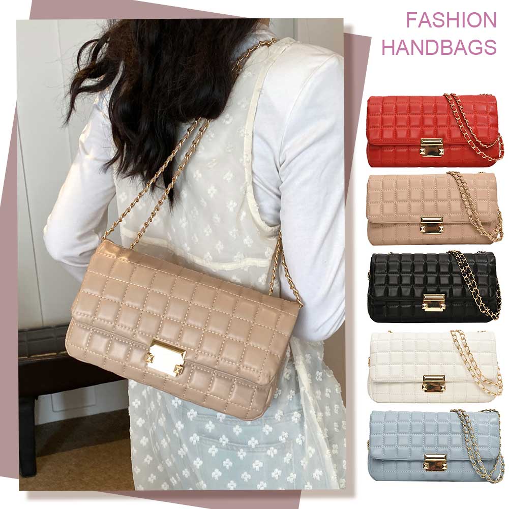 Quilted Crossbody Bag for Women with Chain Square Bag PU Leather Solid Color Satchel Purse Travel Commuter Bag