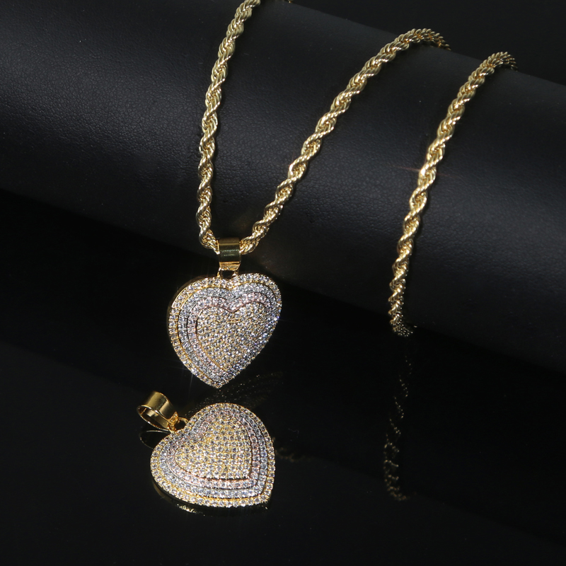 Bling Cz Paved Two Tone Color Heart Pendant Necklace Iced Out Shiny Cubic Zirconia Hip Hop Jewelry for Girls Women Man Boy Gift