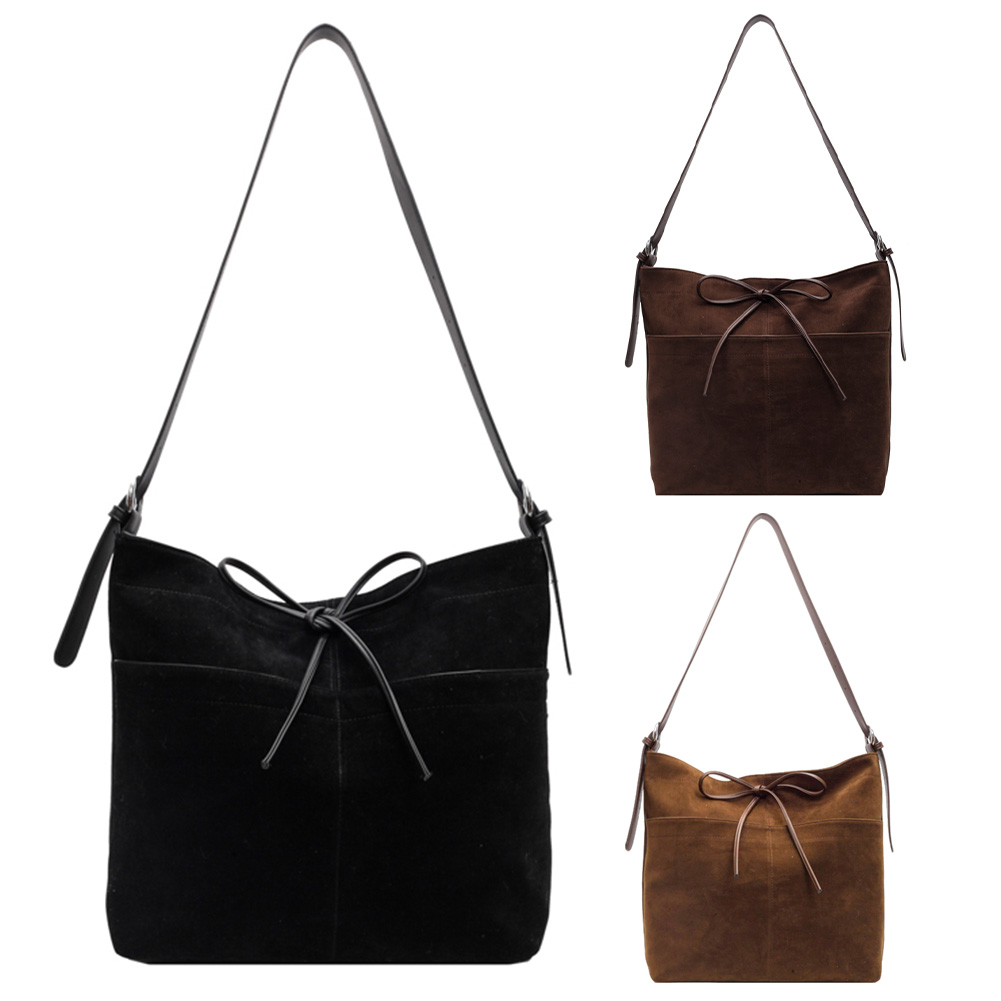Handbag PU Leather Adjustable Strap Crossbody Bag for Women Bow Bucket Bag with Zipper Satchel Bag for Work Travel
