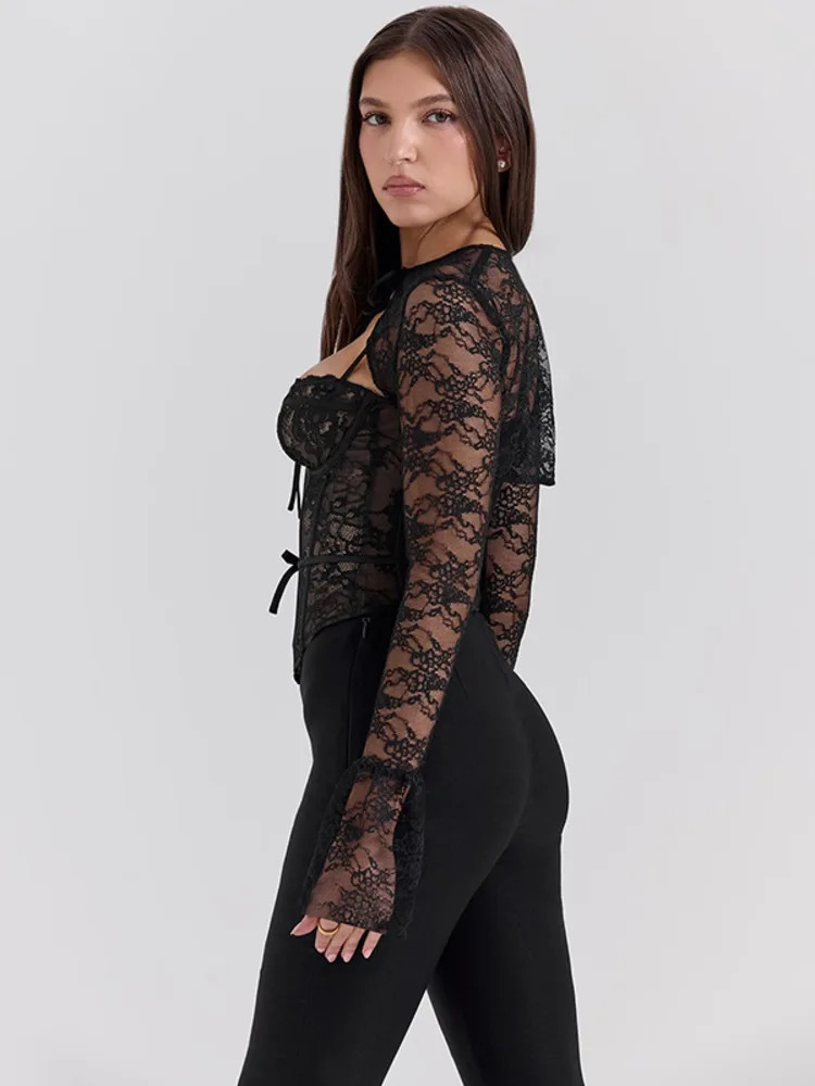 Mozision Black Lace Sexy Mini Shirts Tops Women Elegant Hollow Out Sheer Flare Long Sleeve Slim Club Party Clubwear 241108
