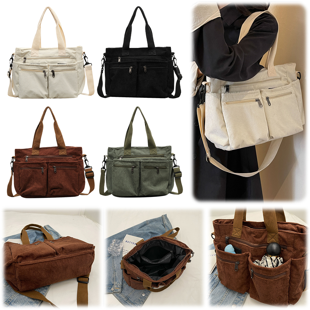 Large Capacity Shoulder Bag Women Corduroy Crossbody Bag with Multi Pockets Messenger Bag Zipper Commuting Bag