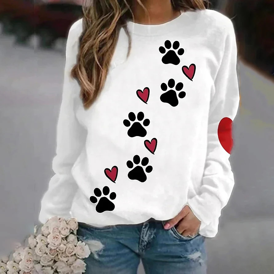 Autumn Long Sleeve T Shirt For Women dog tracks Print Female Oversized Clothing Street Casual Crew Neck Womens Tshirt Pullover 241108
