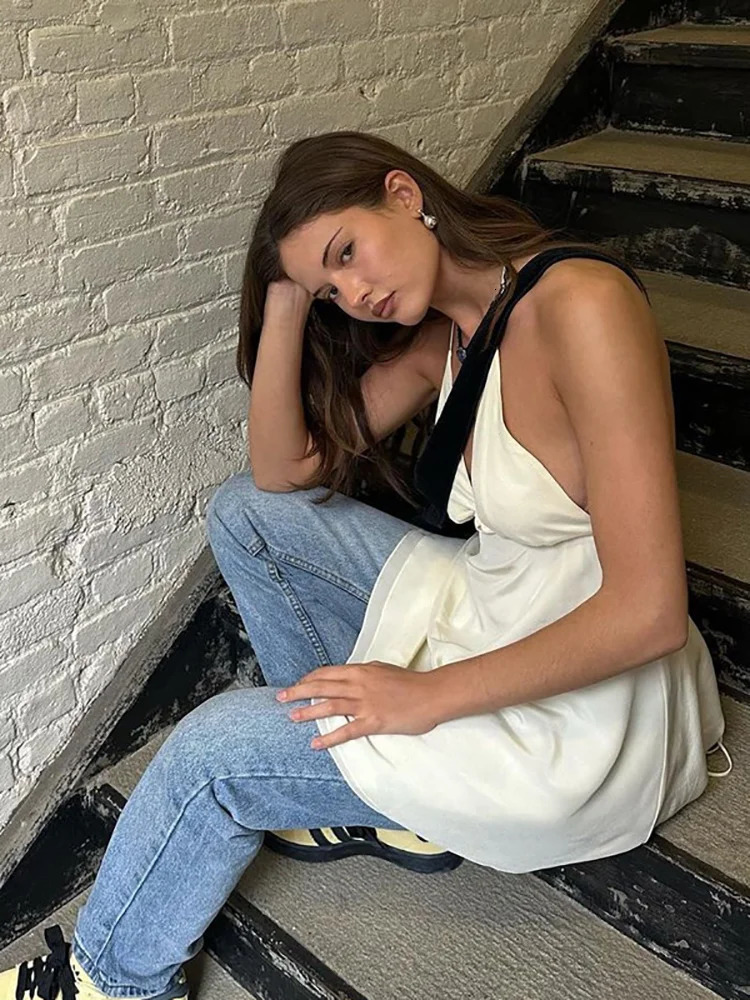 Absobe Halter Mid Length Open Back Tank Top Women Camis Lace Up V-Neck Patchwork Strapless Vest tie Y2K Casual Streetwear 240327