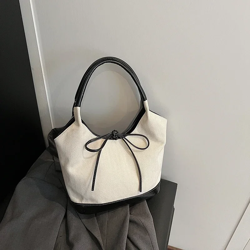 PU hasp Bucket Shoulder Bags 2024 New Sewing Thread Versatile Solid Color Fashion Soft Large Capacity bow Women's Handbags