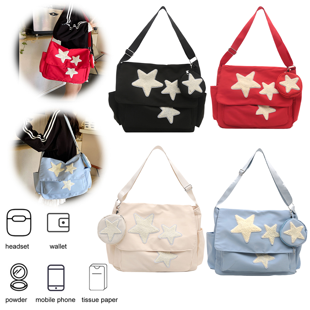 Women Cute Messenger Bag with Coin Purse Star Patches Kawaii Shoulder Bag Large Capacity Simple Crossbody Bag Girls Daily Bag