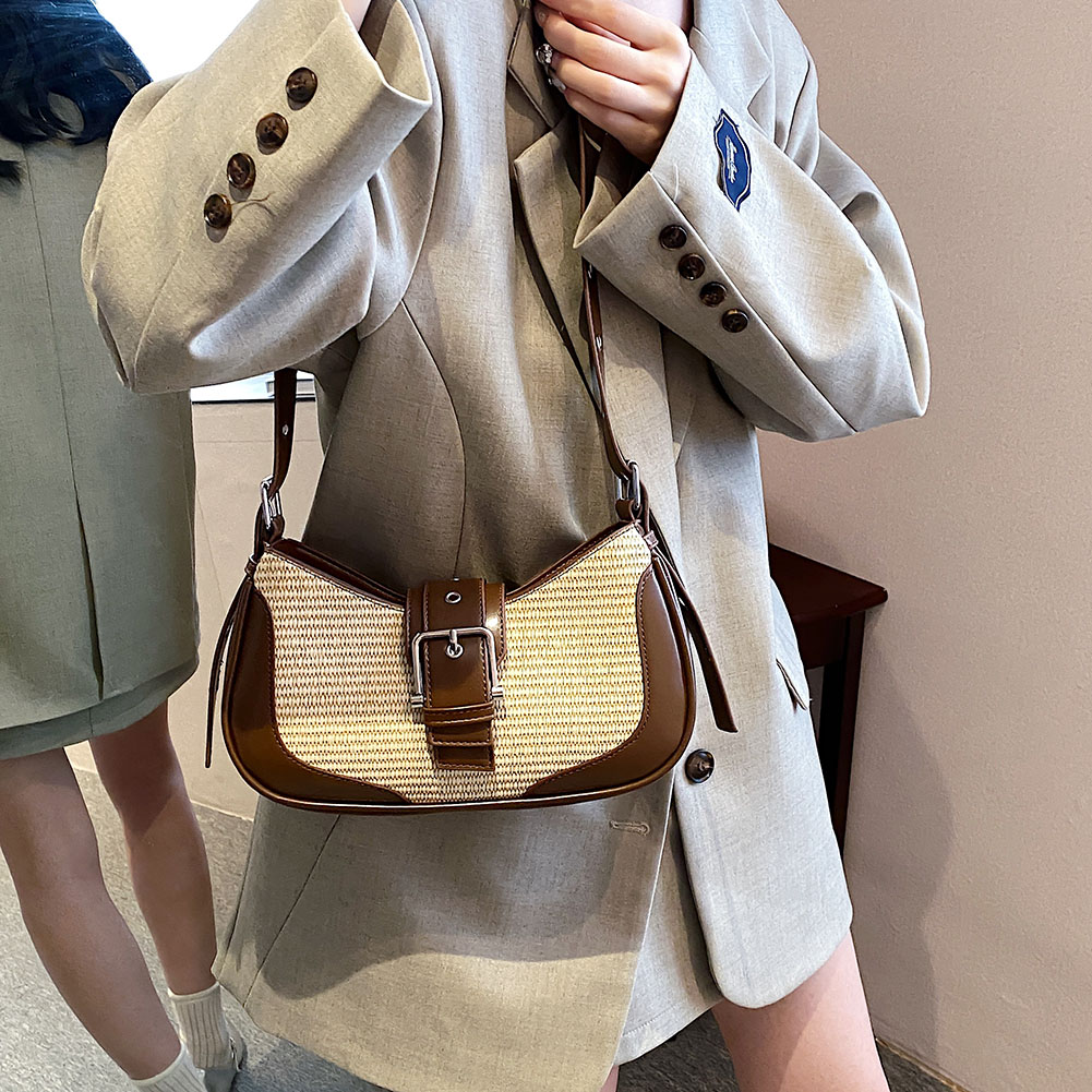 Elegant Handbag Purses for Women Fashion PU Leather Straw Shoulder Luxury Design Raffia Y2K Bag for Girls Top Handle Clutch Bag