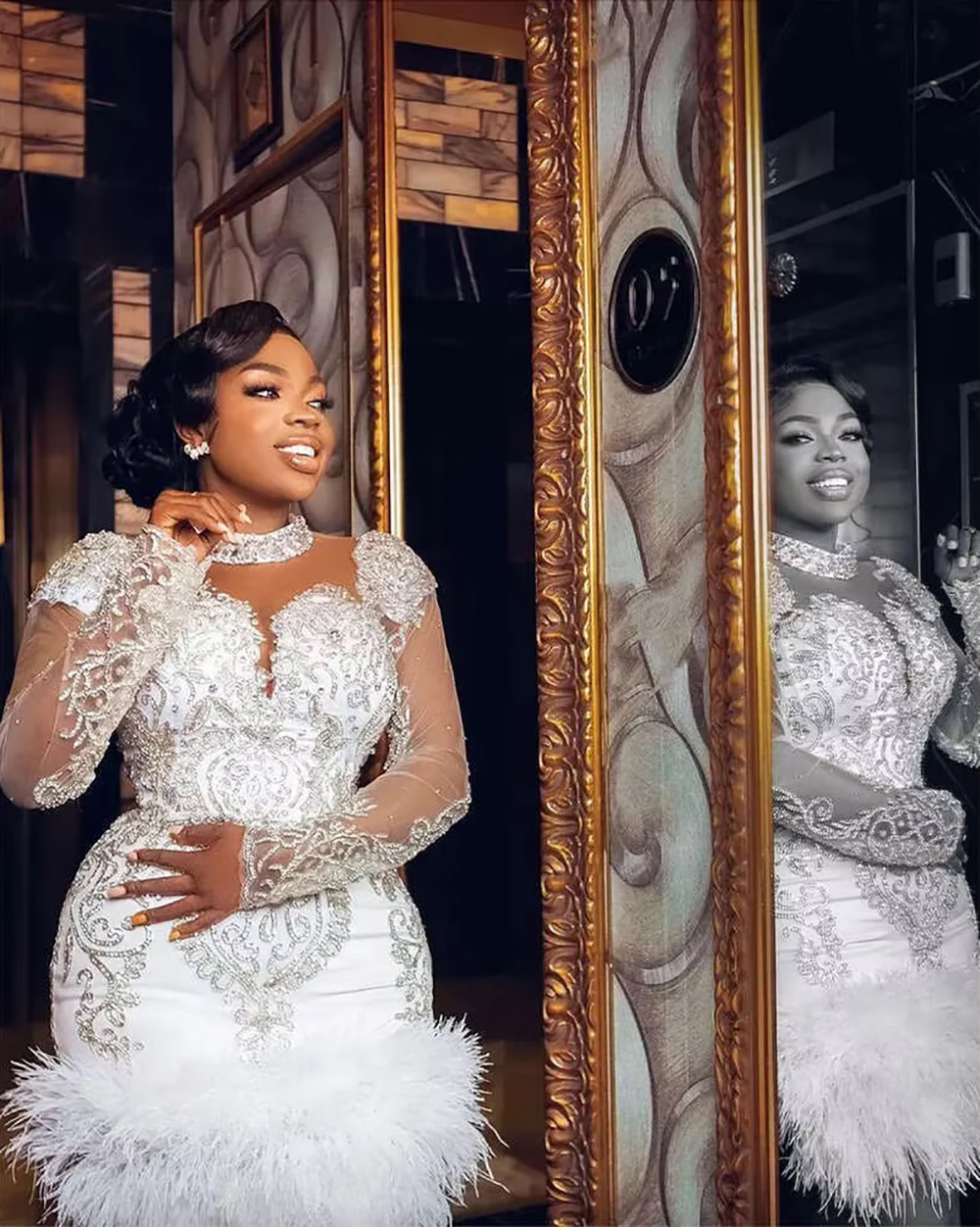 Customized Aso Size Plus Ebi Mermaid Arabic Luxurious Short Wedding Dress Beaded Crystals Feather Bridal Gowns Dresses