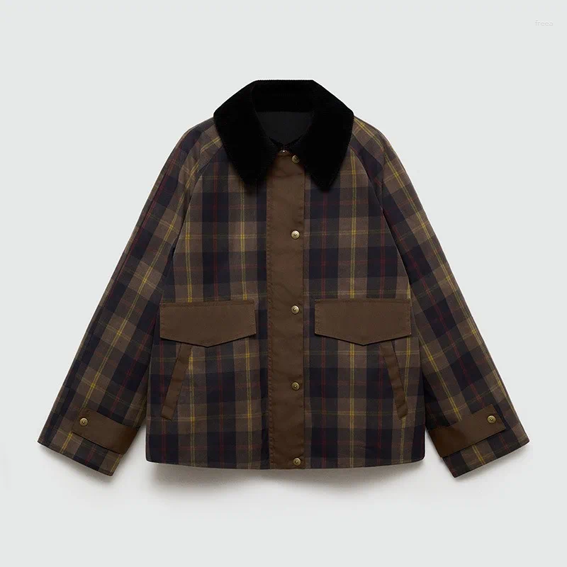 Women's Jackets Plaid Polo Neck Jacket Women Long Sleeved Splicing Corduroy Lapel Zipper Street Trends Autumn Retro Coat American Fashion