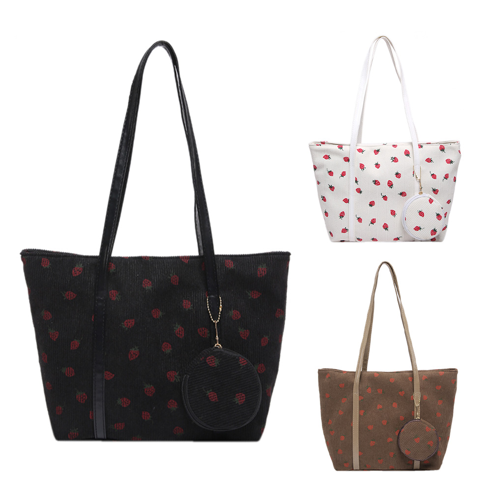 Women Corduroy Shoulder Bag Strawberry Pattern Tote Bag with Round Pouch Chic Hobo Bag Casual Tote Purse Fashion Shopper Bag