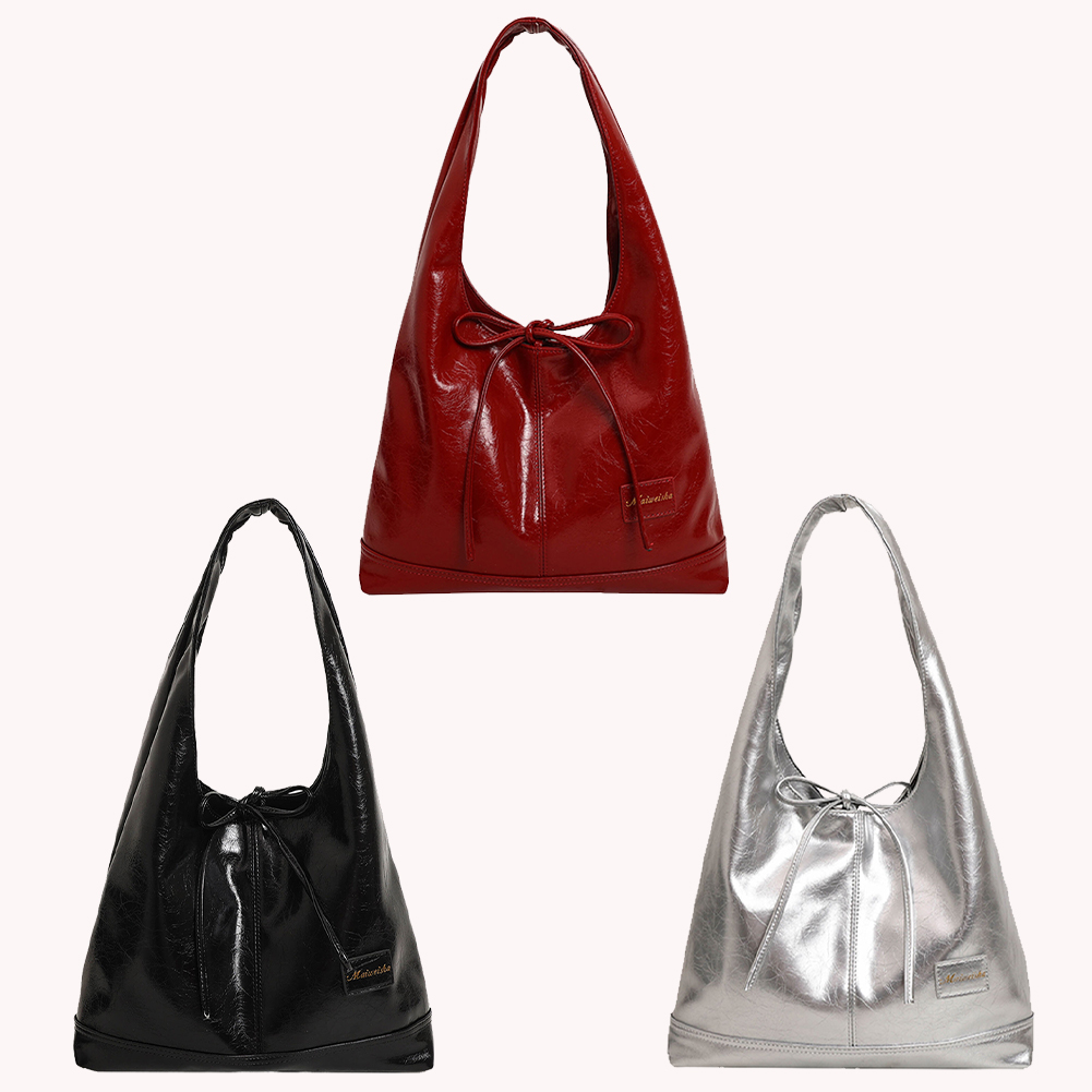 Women PU Bow Shoulder Bag Casual Underarm Bag Large Capacity Stylish Shoulder Purse Top Handle Handbag Outdoor Travel Bag