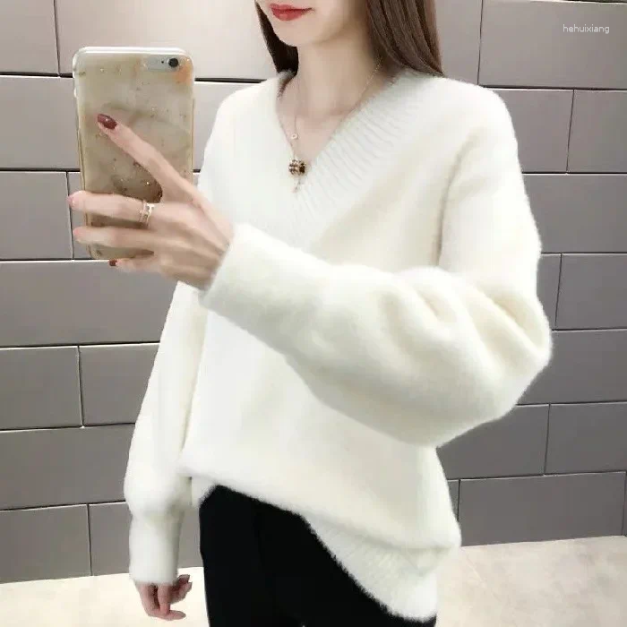 Women's Sweaters Winter V-Neck Sweater Pullover Loose Fit Korean Style Thickened Knit Outerwear Base Layer Top Trendy