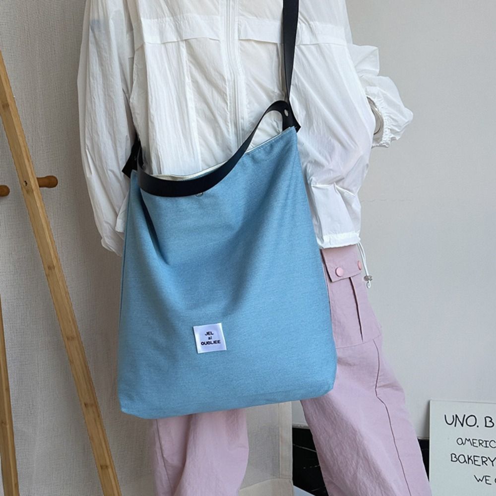 Leisure Commute Denim Cloth Bag Korean Style Letter Canvas Drawstring Shoulder Bag Fashion Large Capacity Denim Handbag Unisex