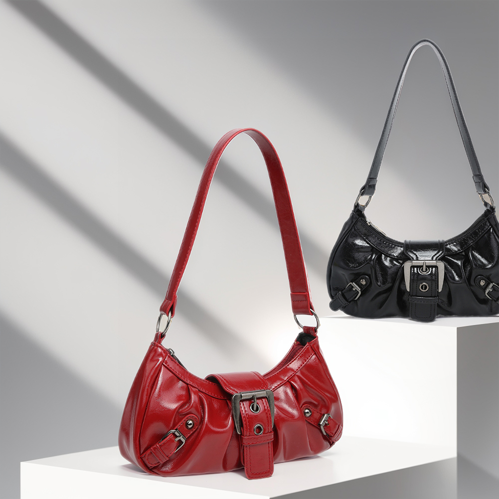 Women Shoulder Bag Y2K PU Leather Crescent Bag Pleated Underarm Purse Magnetic Closure Clutch Purse Travel Commuter Bag