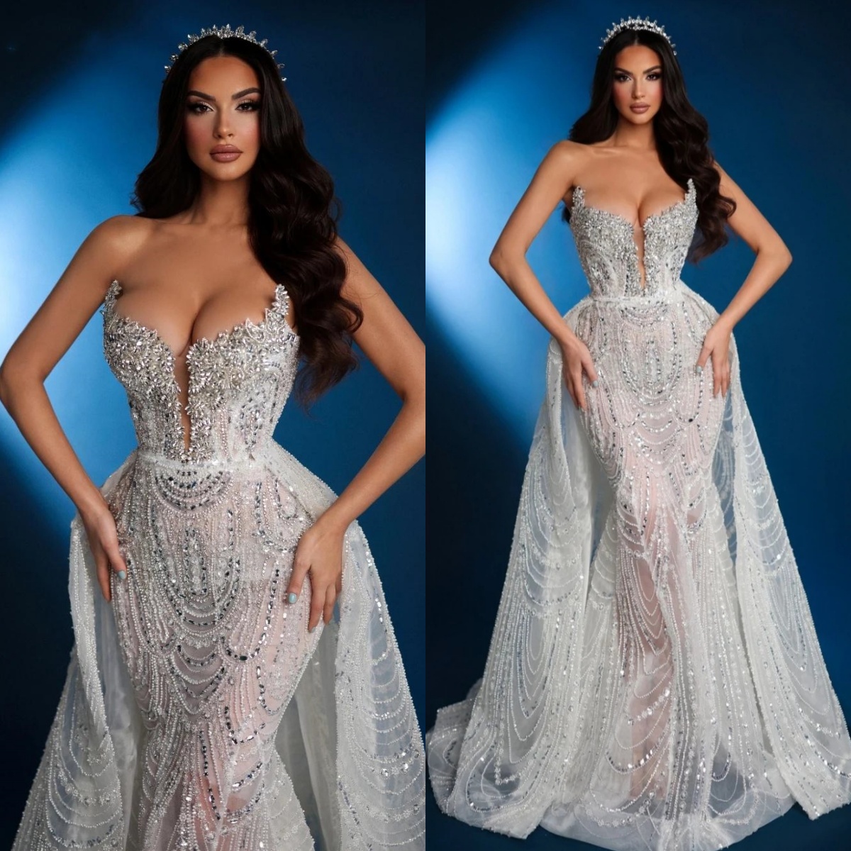 See Through Mermaid Wedding Dress Crystal Pearls & Sequins - Illusion Bridal Gown with Overskirt 2025 Customized Vestidos De Novia