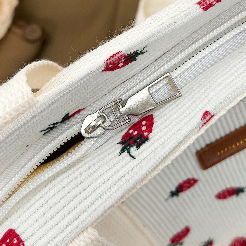 Women Strawberry Printed Shoulder Bag Large Capacity Corduroy Cartoon Pattern Grocery Bag Zipper Closure Girls Outdoor Bag