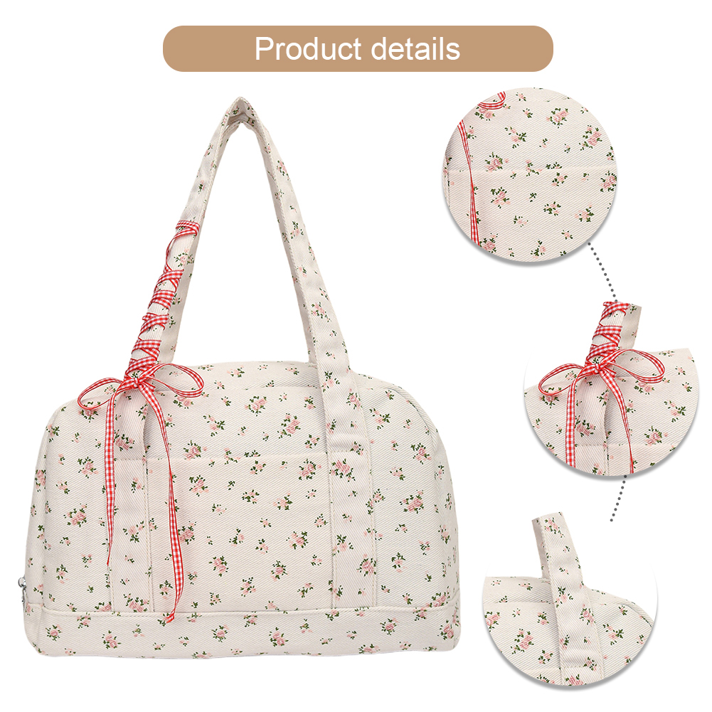 Women Floral Shoulder Bag with Multi Pocket Canvas Tote Bag Bow Tie Hobo Bag Cute Satchel Purse for Travel Work