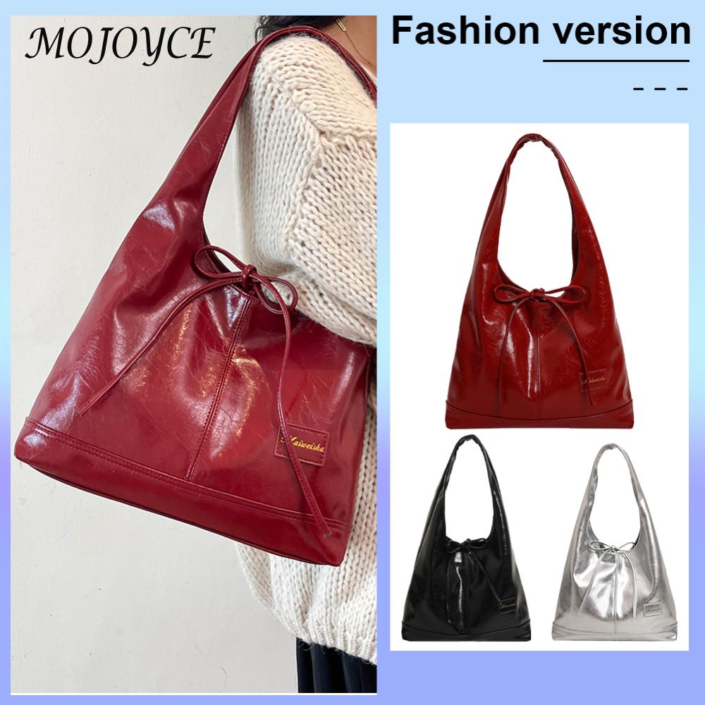 Women PU Bow Shoulder Bag Fashion Shoulder Bag Large Capacity Top Handle Handbag with Small Pouch Retro Tote Bag Trendy Hobo Bag