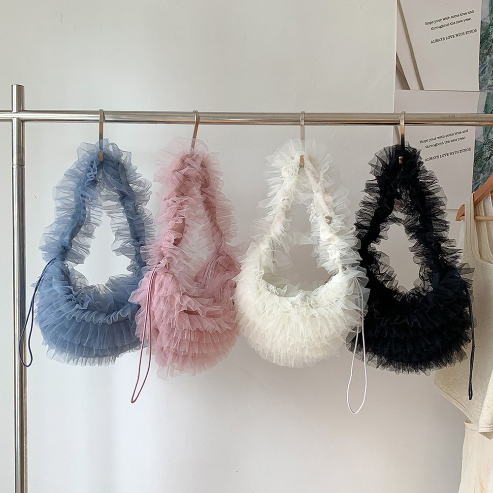 Women Sweet Y2k Lace Pleated Handbag Solid Color Chic Yarn Shoulder Bag Large Capacity Fashion Underarm Bag for Party Wedding