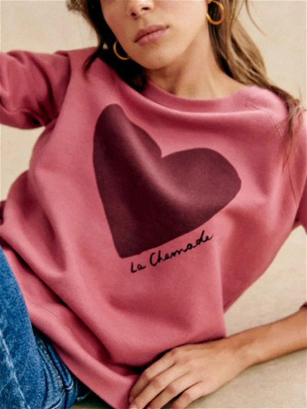 Womens heart-shaped printed sportswear spring item O-neck womens long sleeved womens 3-color loose zipper top 241108