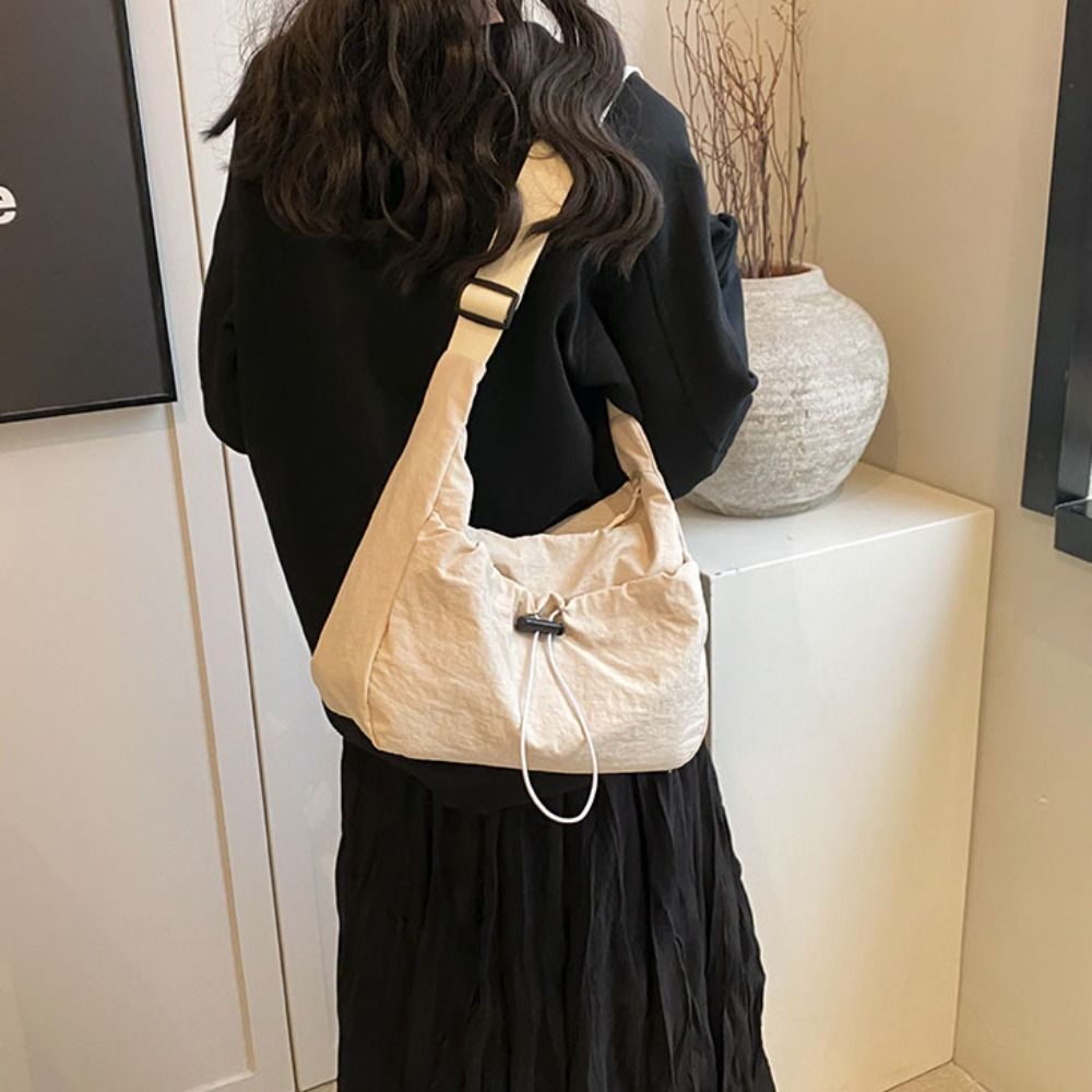 Solid Color Nylon Shoulder Bag Adjustable Shoulder Straps Nylon Drawstring Bucket Bag Tote Bag Korean Style Canvas Crossbody Bag