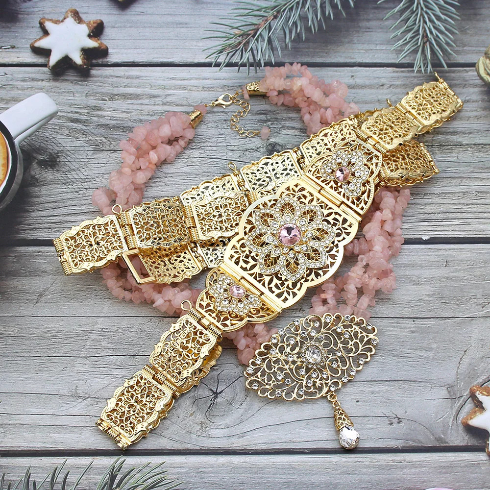 Sunspicems Moroccan Caftan Belt Natural Stone Necklace for Women Arabian Bride Wedding Jewelry Body Chain Gold Color Waist 240401