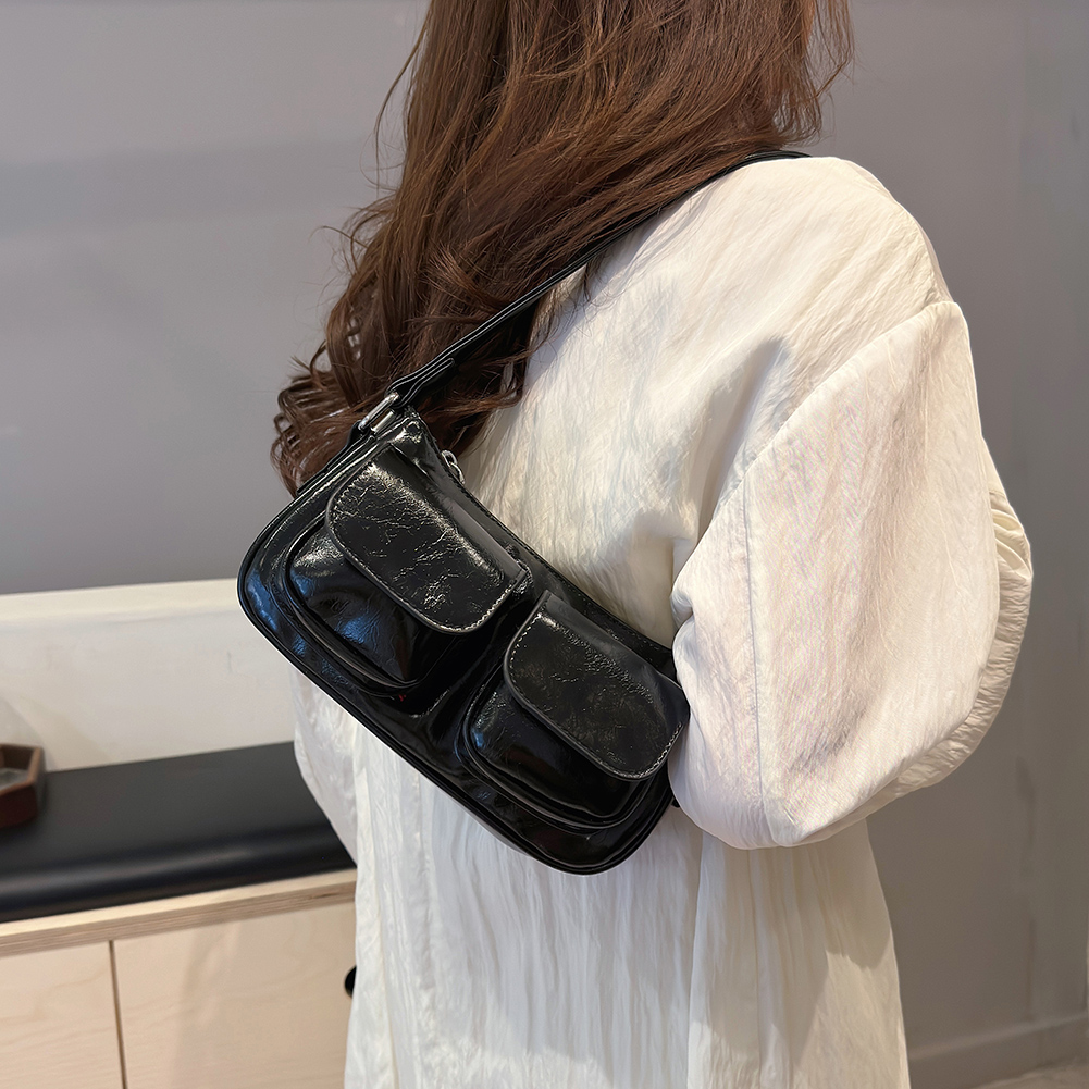 Women Handbag Double Pockets PU Leather Shoulder Bag Solid Color Underarm Bag Casual Clutch Purse Shopping Bag