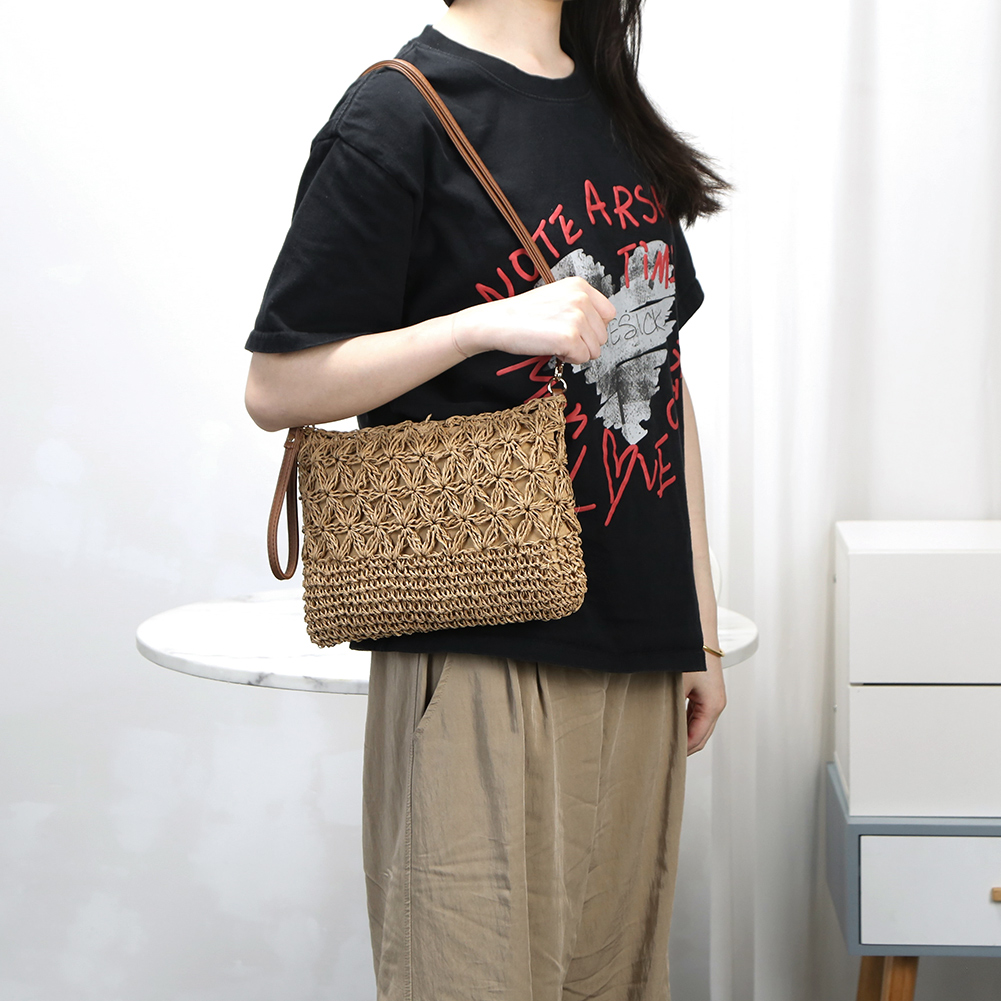 Straw Woven Summer Shoulder Bag Detachable Shoulder Strap Women Clutch Purse Zipper Handbag for Beach Travel Vacation