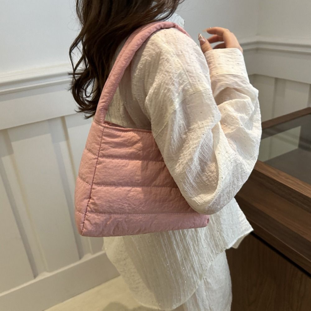 Square Quilted Padding Shoulder Bag Nylon Wide Straps Puffer Underarm Bag Lightweight Canvas Puffy Handbag School